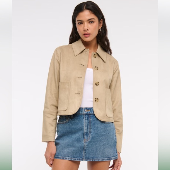 Abercrombie & Fitch Vegan Suede Cropped Jacket in Tan - Large - Picture 1 of 6